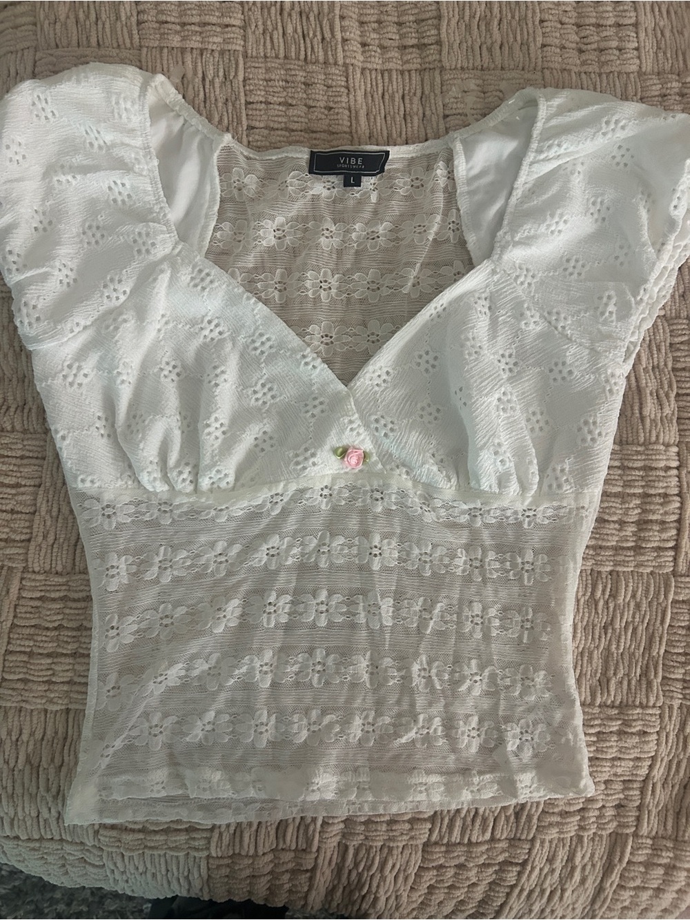 Vibe White Lace Flutter Sleeve Camisole with Pink Rose Accent